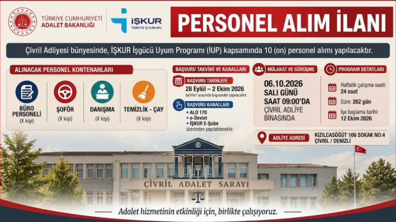 Çivril Adliyesine İUP Kapsamında 10 Personel Alınacak